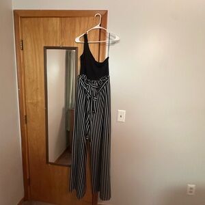 VENUS Black and White Striped Jumpsuit